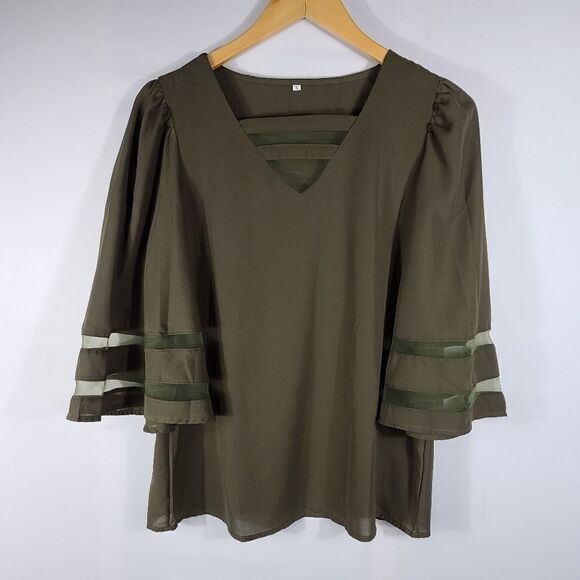 Light Olive V-Neck Mesh-Stripe Bell Sleeve Top - Picture 3 of 8